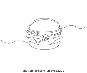 Hamburger food continuous line. Continuous one line drawing of burger. Fast food concept. Single line drawing