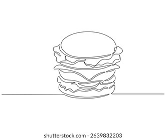 Hamburger food continuous line. Continuous one line drawing of burger. Fast food concept. Single line drawing