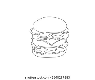 Hamburger food continuous line. Continuous one line drawing of burger. Fast food concept. Single line drawing