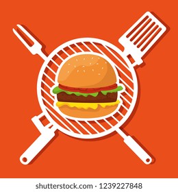 hamburger food in the grill with slice and fork utensils