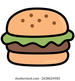 Hamburger food icon in flat vector style. Perfect for menu designs, mobile apps, cooking infographics, and more. 