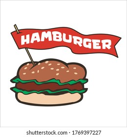 diseño vectorial del logo de hamburguesa alimenticia. bandera sobre la hamburguesa