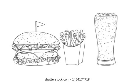 hamburger food set. glasses  hand drawn style line art Vector illustration