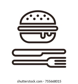 Hamburger, fork and knife isolated on white background
