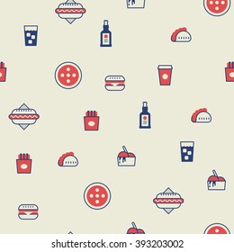 Hamburger, french fried,taco,beer,ice cream,hot dog,soda in fastfood icons seamless pattern  background