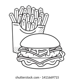 hamburger and french fries black and white