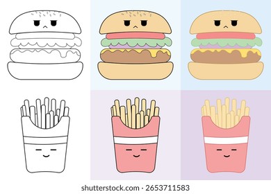 Hambúrguer e batatas fritas Clip-art, Line Art e versões coloridas, Vetor, Colorir Páginas