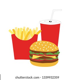 Hamburger, French fries and coca cola isolated vector - illustration. Fast food business background