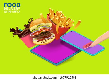 Hamburger french fries and coffee on the screen of your mobile phone and digital tablet. Vector banner