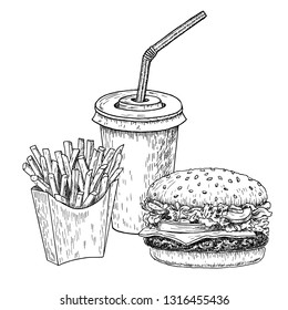 Hamburger, french fries and cola hand drawn vector illustration. Fast food engraved style. Burger sketch isolated on white background.