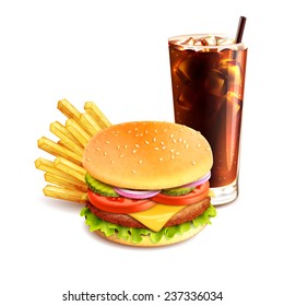 Hamburger french fries and cola realistic fast food icon isolated on white background vector illustration