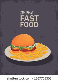 hamburger and french fries in dish delicious fast food icon vector illustration design