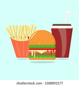 Hamburger French Fries and drinking water Breakfast set,fast food, vector flash design