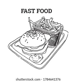 Hamburger with french fries hand drawn illustration. Design concept in line art. Fast food. Fries, potato slices hand drawn illustration. Design for restaurant, cafe, emblem, sign, logo, label.