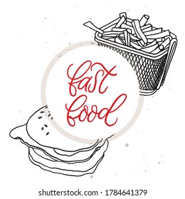 Hamburger with french fries hand drawn illustration. Design concept in line art. Fast food. Fries, potato slices hand drawn illustration. Design for restaurant, cafe, emblem, sign, logo, label.