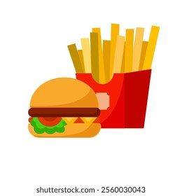 Hamburger and french fries icon vector. Hamburger and french fries isolated on white background. Element of fast food, unhealthy food, junk food for ads, business, social media, many more.