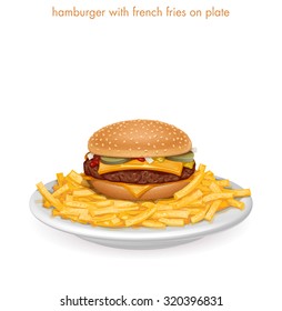 Hamburger with french fries on white plate. Vector