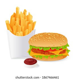 Hamburger french fries  realistic fast food icon isolated on white background vector illustration