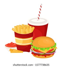 Hamburger, French fries with sauce and soda in a cardboard Cup. Vector illustration of fast food. Junk food.