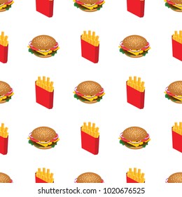 Hamburger and French fries seamless pattern. Background for fast food, packing, poster. Isometric 3D. Vector illustration.