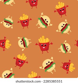 Hamburger and french fries seamless pattern in cartoon style. Funny fast food character design for textile, packaging, wallpaper.