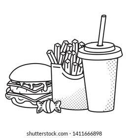 hamburger french fries and soda black and white