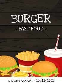 Hamburger, French fries and soda in a cardboard Cup. Vector illustration of fast food. Junk food.