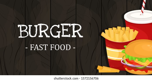 Hamburger, French fries and soda in a cardboard Cup. Vector illustration of fast food. Junk food.