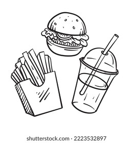 Hamburger, french fries and soda. Fast food food set. Vector illustration in doodle style.