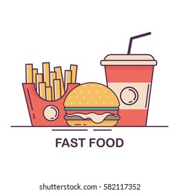 Hamburger, French Fries and Soda. Fast food flat design vector illustration.