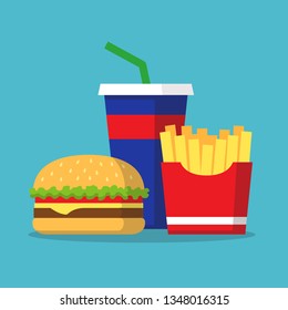 Hamburger french fries and soda takeaway, Fast food icon set, Colorful flat design, Vector illustration