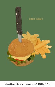 Hamburger with french fries. Vector cheese burger illustration 
