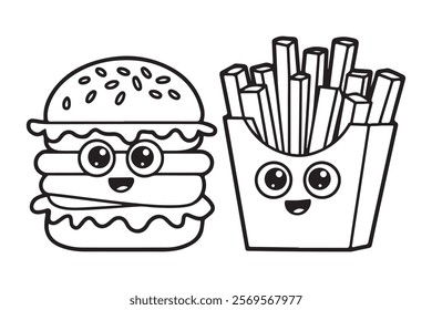 Hamburger French Fries vector illustration line art