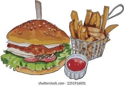 Hamburger and french fries watercolor image