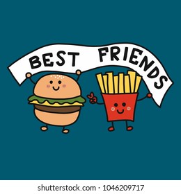 Hamburger and French-fries best friend cartoon vector illustration doodle style