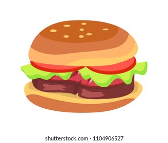 Hamburger with fresh tomatoes, lettuce leaf, grilled steak and sesame on bun. High calorie contain meal isolated cartoon flat vector illustration.