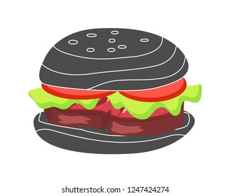 Hamburger with fresh tomatoes, lettuce leaf, grilled steak and sesame on bun. High calorie contain meal in black bread isolated cartoon flat vector illustration