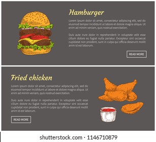 Hamburger and fried chicken posters set. Meat served with tomato ketchup sauce. American burger with beef and green vegetables vector illustration