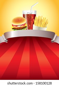 Hamburger, fried potatoes and cola on red stripped background vector illustration
