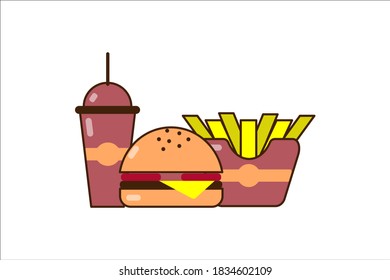 Hamburger, fries, cocktail. Fast food icons on white isolated background. Flat design