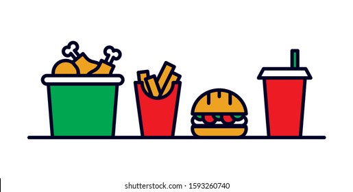 Hamburger, fries, Cola, drink, chicken, nuggets, dinner, restaurant. Fast food vector isolated on white background. A delicious set of fast food. Lots of flat-style food. Hand drawn food icons