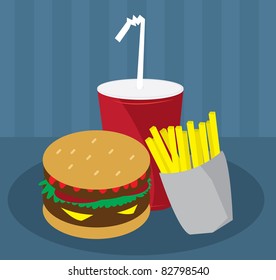Hamburger, Fries and Drink