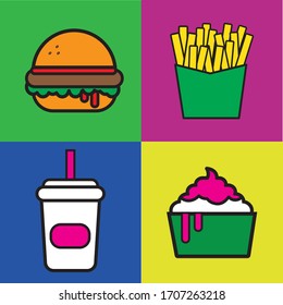 Hamburger, fries, drink and sundae on colourful background.