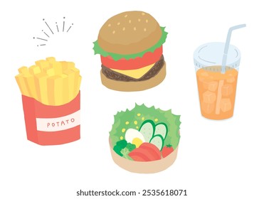 Hamburger and fries hand drawn illustration set