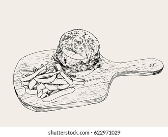 Hamburger with fries . hand drawn sketch vector.