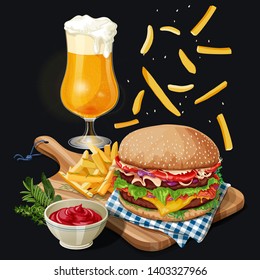 Hamburger with fries on a chopping board and a glass of beer 
