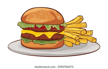  Hamburger and fries on a plate on white background.Fast food set Vector illustration on white background