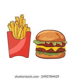  Hamburger and fries  on white background.Set of fast food products Vector illustration on white background