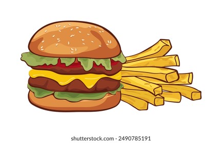  Hamburger and fries  on white background.Set of fast food products Vector illustration on white background