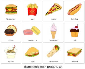 Hamburger, fries, pizza, hot dog, donuts, macaroons, ice cream, cake, noodle, pita, shawarma, sandwich. Cartoon illustration